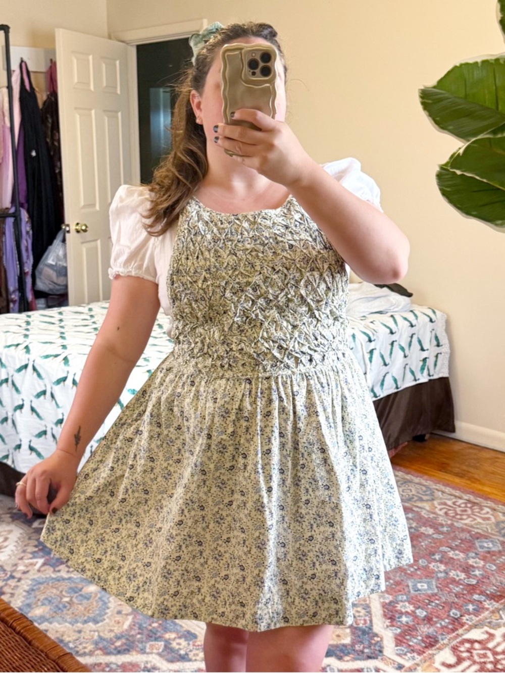 Free People cream & blue floral smocked dress